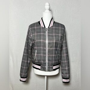 CHARLOTTE RUSSE Insulated Plaid Gray and Pink Bomber Jacket - size L